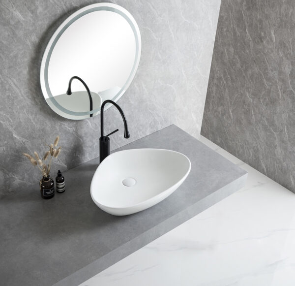 Elite waskom rond 58,5 cm – glanzend witte keramische opzetwastafel voor ruime en moderne badkamer