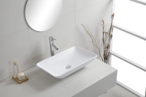 Karé waskom rechthoekig 58x36 cm – mat witte keramische opzetwastafel voor moderne badkamer