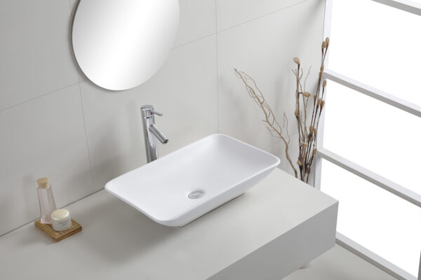 Karé waskom rechthoekig 58x36 cm – mat witte keramische opzetwastafel voor moderne badkamer