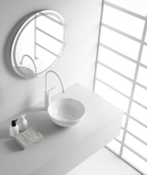 Xellanz Luna waskom rond 32,5 cm – glanzend witte keramische opzetwastafel voor compacte badkamer of toilet