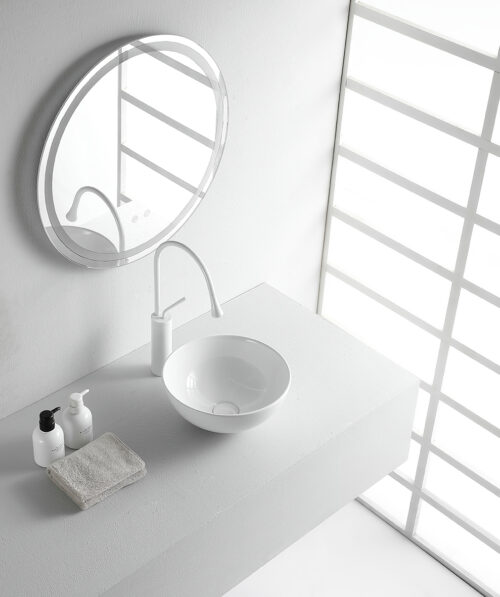 Xellanz Luna waskom rond 32,5 cm – glanzend witte keramische opzetwastafel voor compacte badkamer of toilet