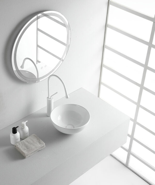 Xellanz Luna waskom rond 32,5 cm – glanzend witte keramische opzetwastafel voor compacte badkamer of toilet