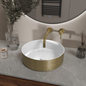 Wiesbaden Mondri waskom rond 36 x 36 x 12 cm glans wit/geborsteld goud
