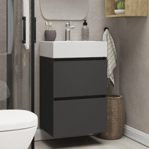 Xellanz Mini onderkast met 2 laden 45 cm mat zwart en wastafel keramiek glans wit