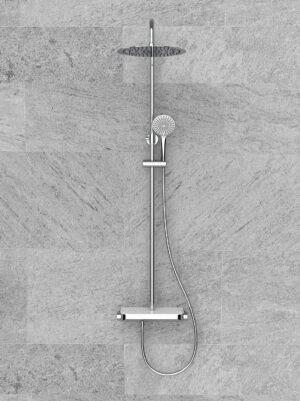 Tondell thermostatische regendoucheset opbouw met planchet in chroom, modern design voor luxe en comfortabele doucheervaring met handige opbergruimte.