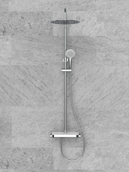 Tondell thermostatische regendoucheset opbouw met planchet in chroom, modern design voor luxe en comfortabele doucheervaring met handige opbergruimte.