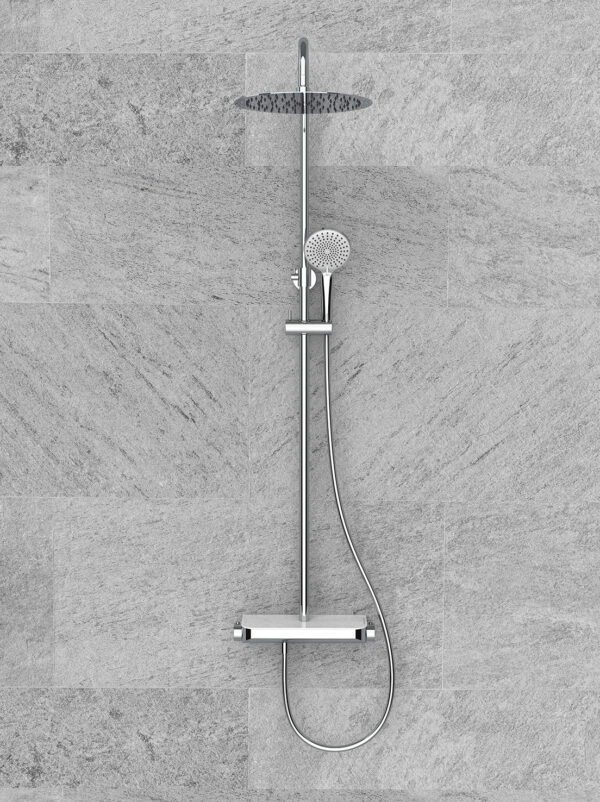 Tondell thermostatische regendoucheset opbouw met planchet in chroom, modern design voor luxe en comfortabele doucheervaring met handige opbergruimte.