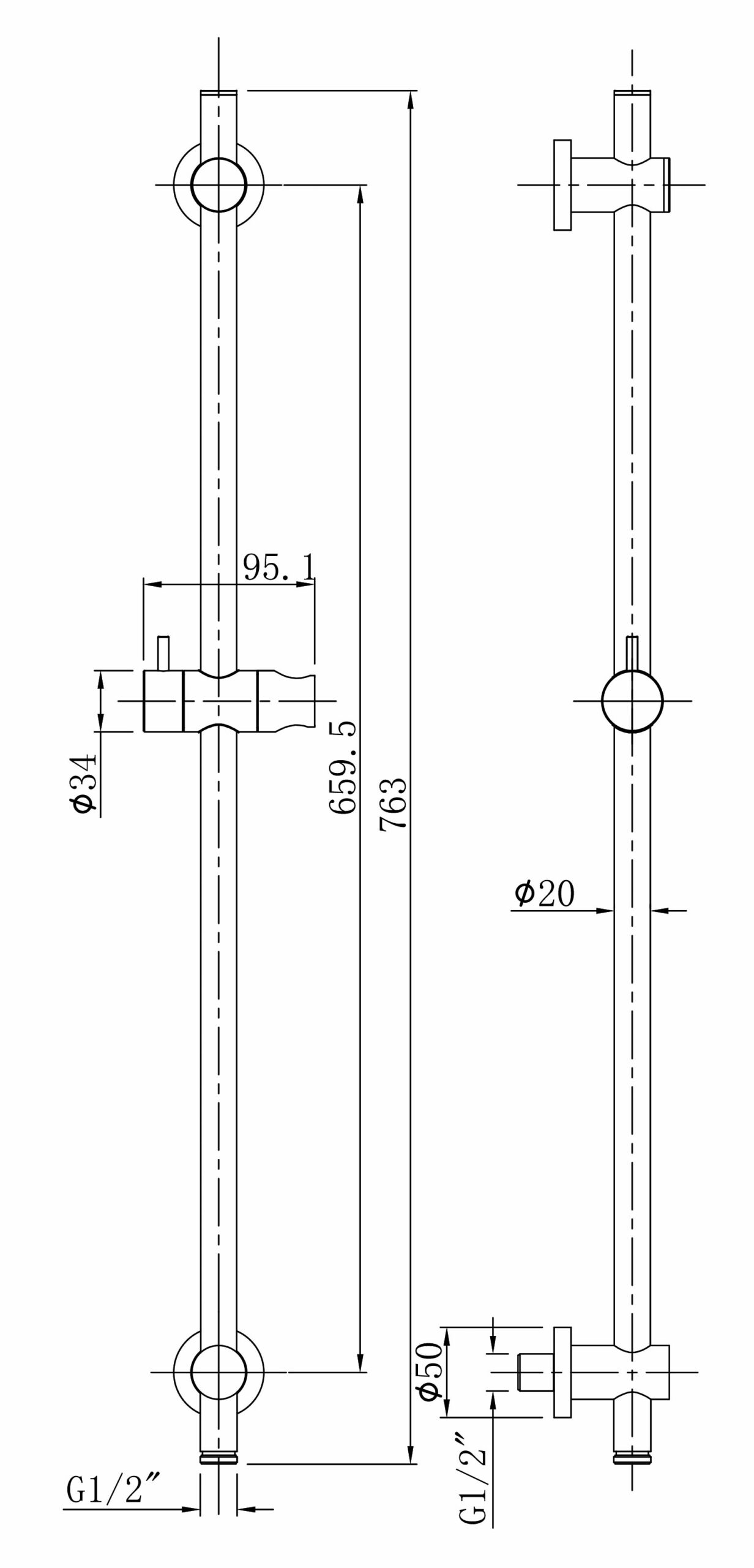 Model UniMatch glijstang met wateraansluiting 76,5 cm mat zwart
